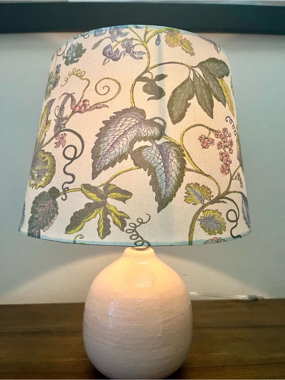 Light Pink Ceramic Table Lamp with Botanical Green & Blue Shade